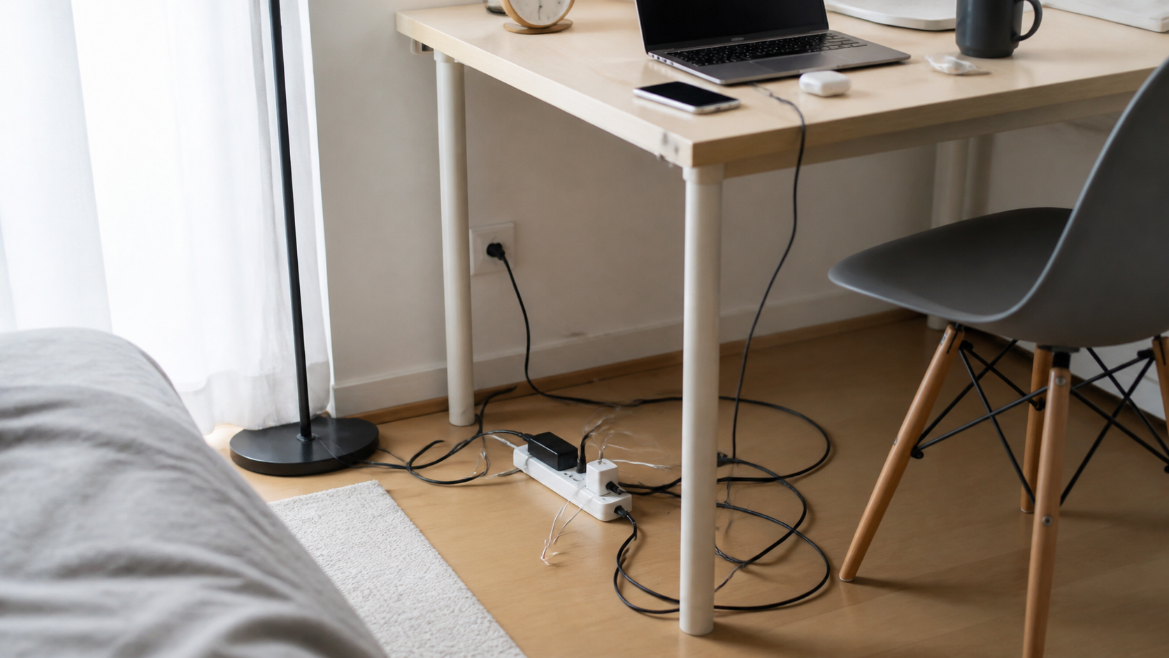 一人暮らしのデスク下で電源タップとケーブルが床に散らかるイメージ