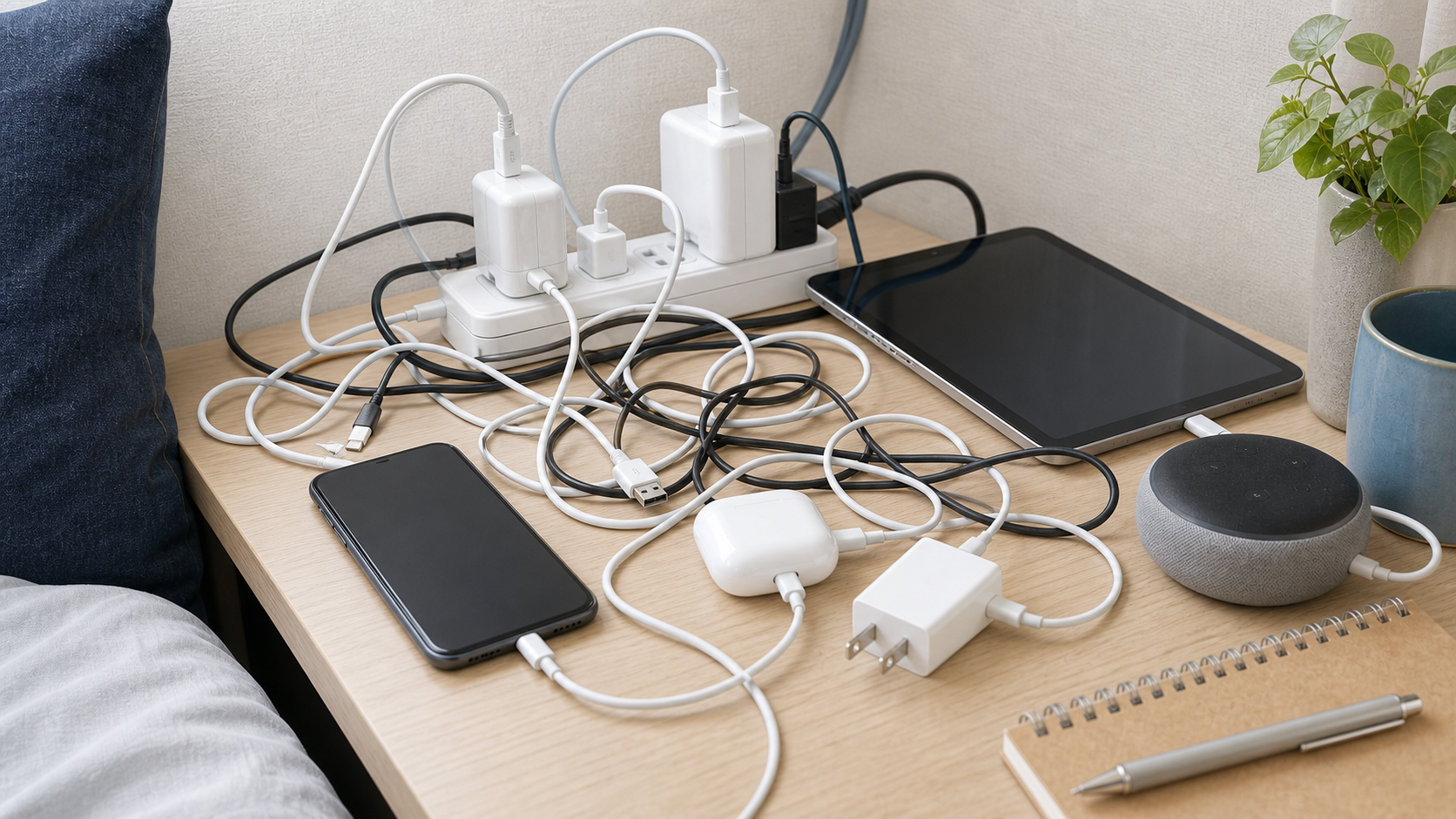 一人暮らしのデスクで充電器とケーブルが増えて散らかるイメージ