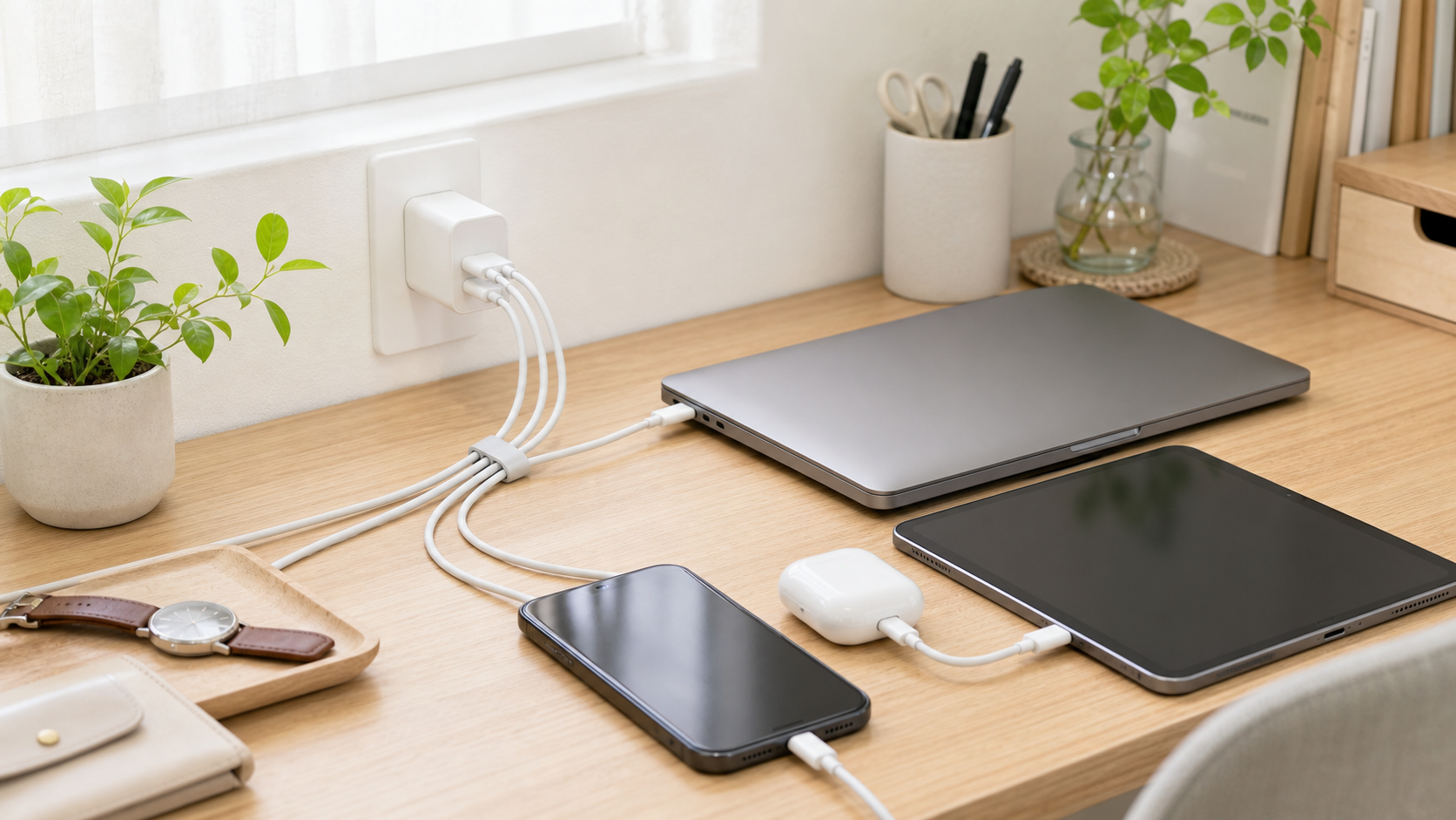 小型USB-C充電器でデスクまわりをすっきり充電するイメージ