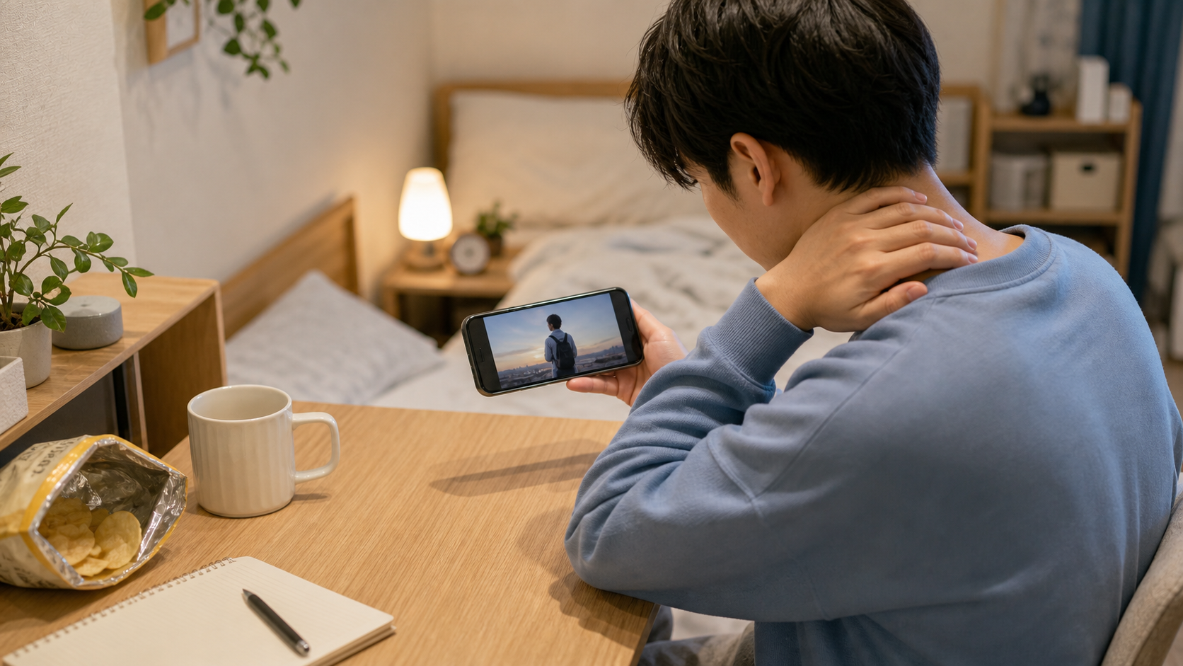 スマホを手で持って動画を見て首や肩が疲れる一人暮らしのイメージ