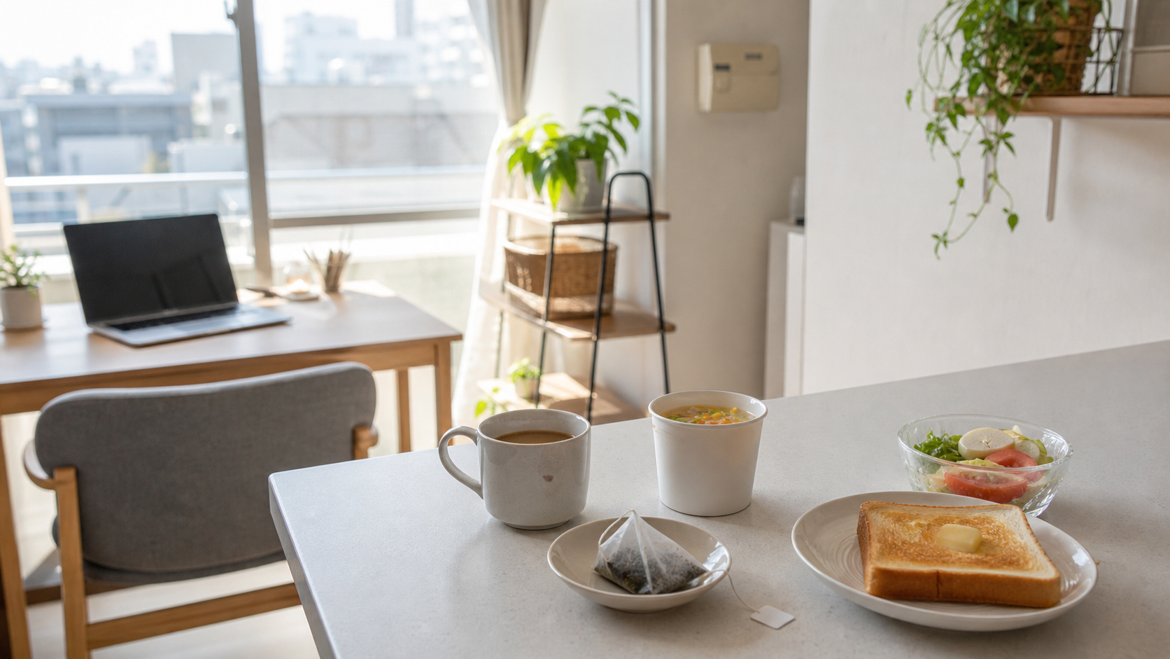 一人暮らしの朝にマグカップやスープを用意する暮らしのイメージ